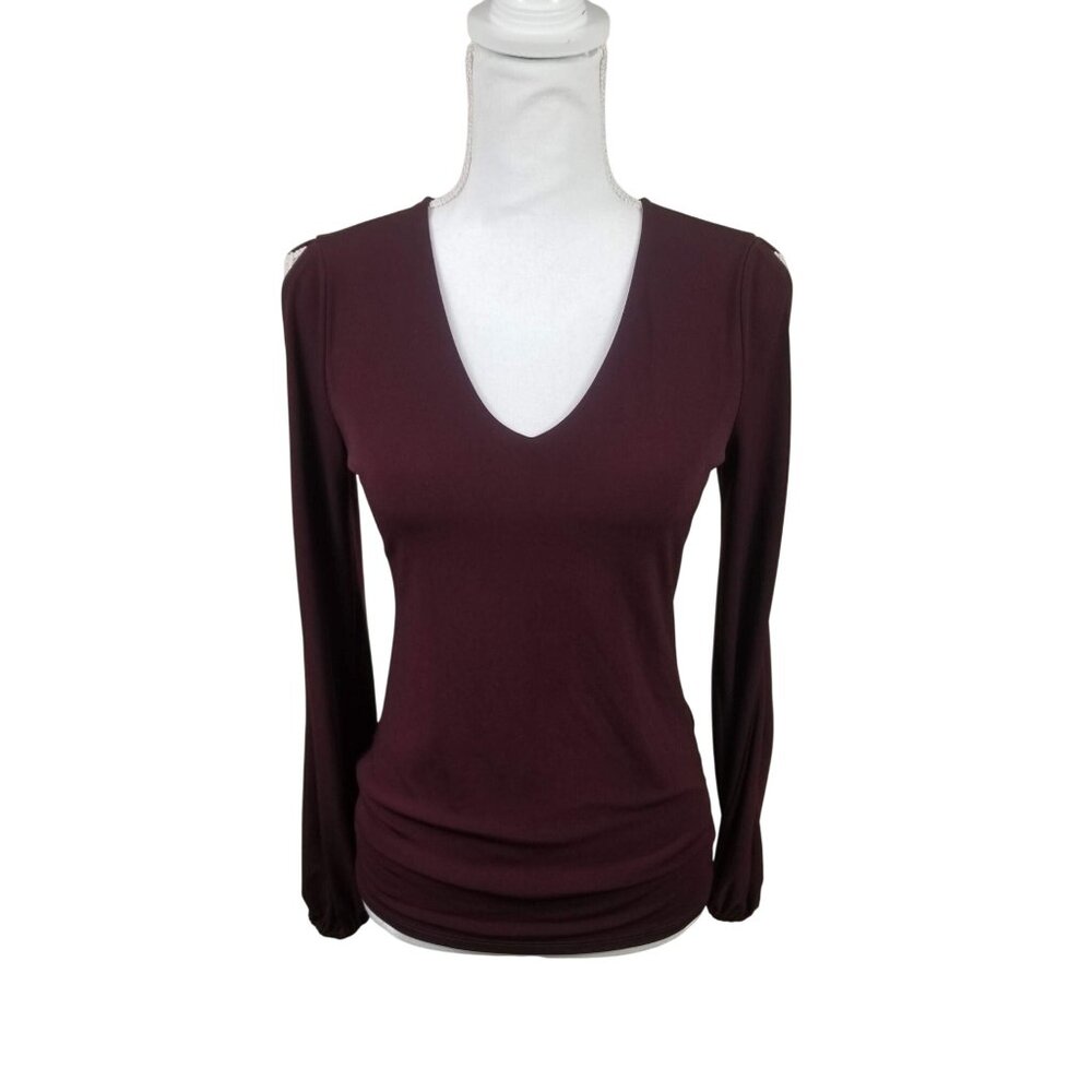 Womens XS INC Burgundy Long Sleeve V-Neck Top With Ruched Hem & Cutout Shoulders